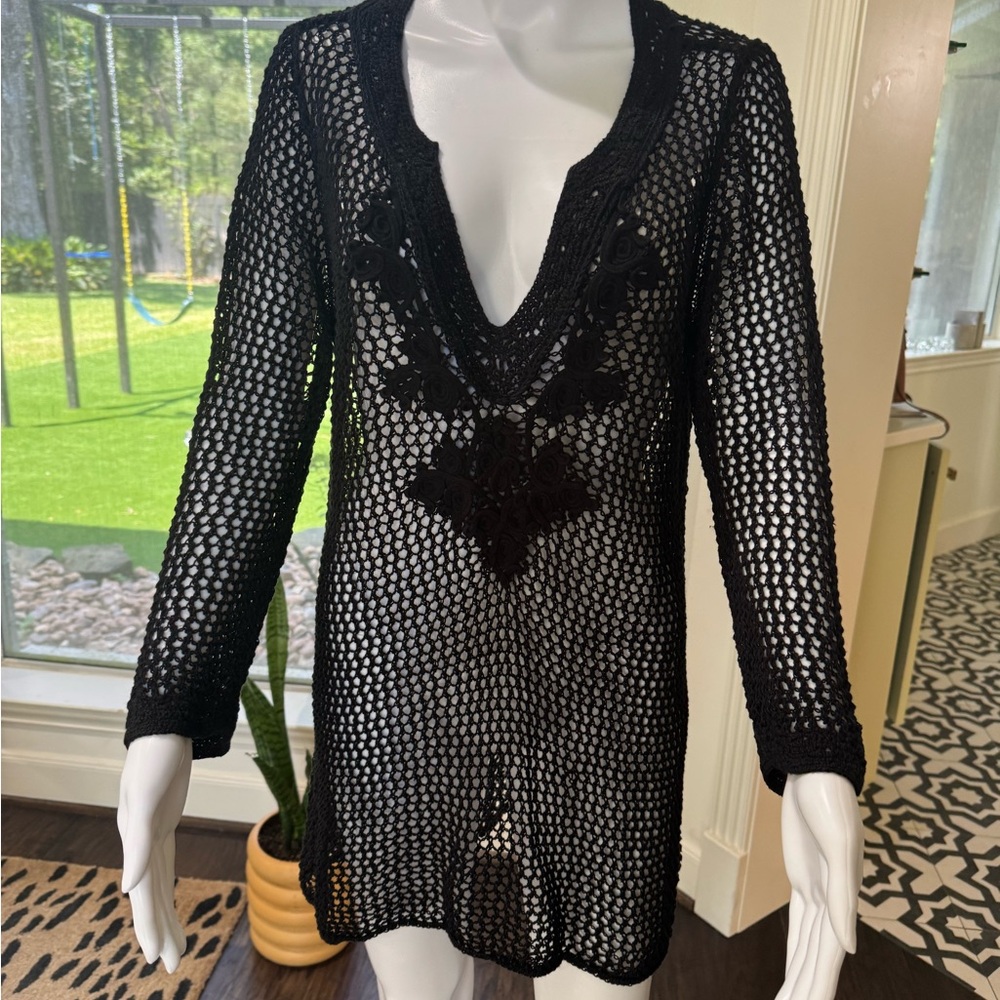 Tommy Bahama knit crochet black swimsuit cover up large